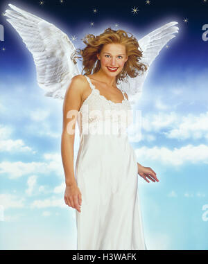 Woman, angel, heaven, clouds, stars studio, cloudy sky, lining, dress, wing, Christmas angel, guardian angel, blond, angel's wing, white, infant Jesus, Christmas, heaven messenger, heavenly, Composing, cloudy sky, starry skystarry skystarry sky Stock Photo