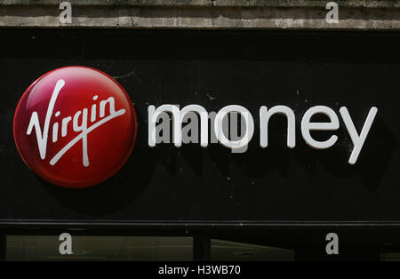 Virgin Money bank sign, High Street, Chelmsford, Essex, England Stock Photo