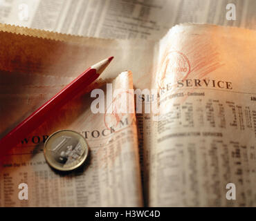 Financial newspaper, stock exchange reports, coloured pencil, euro coin, detail, newspaper, market prices, share prices, information, stock market, stock market, stock exchange transactions, stock exchange, speculation, speculate, business, economy, finan Stock Photo
