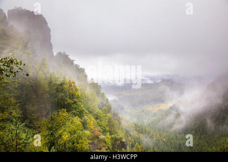 misty view in the Bohemian Switzerland National Park Ceske Svycarsko near Mezni Louka, Usti nad Labem, Czech Republic Stock Photo