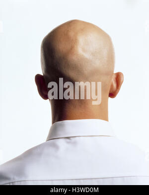 Man, shirt, white, bald head, back view Men, head, bald, shaves, scalp, back the head, ears, head form, icon, conception, anonymity, shyness, studio, cut out, Stock Photo