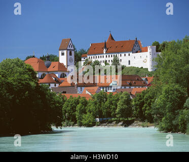 Germany, Bavaria, Allgäu, to feet, town view, river Lech, Europe, South Germany, east Allgäu, town, townscape, high castle, builds in 1486-1505, cloister piece Mang, Benedictine's cloister, minster, baroque church, place of interest, landmark, summer Stock Photo