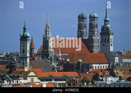 Germany, Munich, town view, Old Town, Church Our Lady, new city hall, Bavaria, Upper Bavaria, town, town view, churches, dear Church Our Lady, landmark, place of interest, townscape, towers, steeples Stock Photo