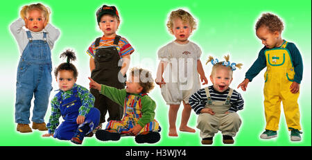 Infants, sit, stand, gesture, Children, children, small, skin colour, differently, seven, overalls, clothes, child clothes, fashion, children's fashions, group picture, inside, studio, Stock Photo