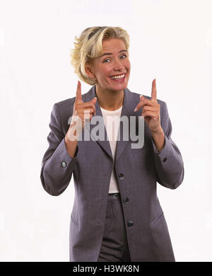 Woman, young, blond, blazers, gesture, measurement, half portrait, women, studio, cut out, dimensional information, length, size, distance, indicate, businesswoman, measure, happy, Stock Photo