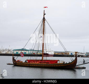 Dragon Harald Fairhair, a large Viking long ship built in the municipality of Haugesund, Norway. It is the largest Viking ship that travel between Norway and America. Dated 21st Century Stock Photo