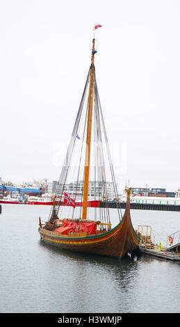 Dragon Harald Fairhair, a large Viking long ship built in the municipality of Haugesund, Norway. It is the largest Viking ship that travel between Norway and America. Dated 21st Century Stock Photo