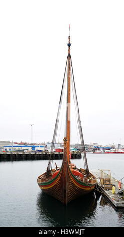 Dragon Harald Fairhair, a large Viking long ship built in the municipality of Haugesund, Norway. It is the largest Viking ship that travel between Norway and America. Dated 21st Century Stock Photo