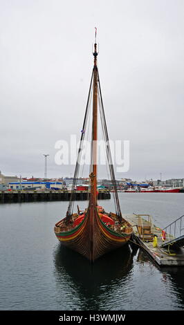 Dragon Harald Fairhair, a large Viking long ship built in the municipality of Haugesund, Norway. It is the largest Viking ship that travel between Norway and America. Dated 21st Century Stock Photo