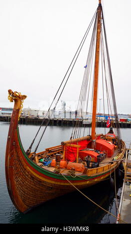Dragon Harald Fairhair, a large Viking long ship built in the municipality of Haugesund, Norway. It is the largest Viking ship that travel between Norway and America. Dated 21st Century Stock Photo