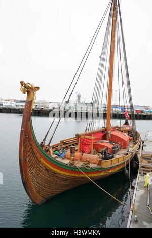 Dragon Harald Fairhair, a large Viking long ship built in the municipality of Haugesund, Norway. It is the largest Viking ship that travel between Norway and America. Dated 21st Century Stock Photo