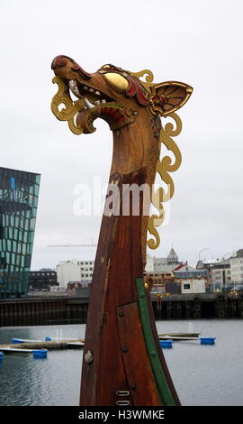 Dragon Harald Fairhair, a large Viking long ship built in the municipality of Haugesund, Norway. It is the largest Viking ship that travel between Norway and America. Dated 21st Century Stock Photo