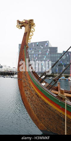 Dragon Harald Fairhair, a large Viking long ship built in the municipality of Haugesund, Norway. It is the largest Viking ship that travel between Norway and America. Dated 21st Century Stock Photo