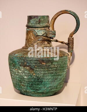 Copper and brass ewer with roundels, depicting warrior saints. From the Byzantine Empire. Dated 7th Century Stock Photo