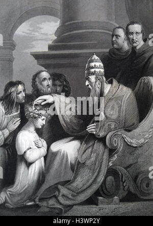 Prince Alfred, later, Alfred the Great (849-899) King of Wessex, kneeling before Pope Leo III (750-816). Dated 9th Century Stock Photo