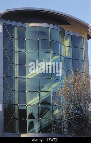 Germany, Bavaria, Munich, company building, glass front, detail, Upper Bavaria, office, office building, building, architecture, facade, glass, green, stairwell, stairs rising, steps, windows, window front, Stock Photo