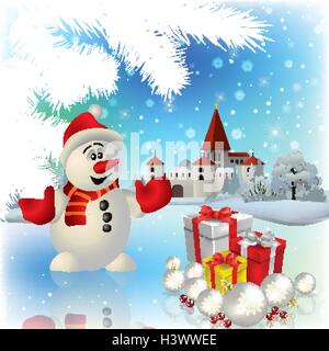 blue color greeting with castle and snowman Stock Vector