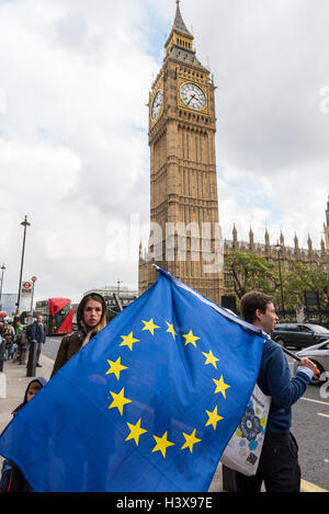 London, UK.  13 October 2016.  Phil Jones, 34, from High Wycombe, waves the European flag outside the Houses of Parliament.  As a member of the People's Challenge grassroots campaign, a member of the European Movement as well as a Conservative party member, Mr Jones is supporting the legal challenge to force the government to seek Parliamentary approval before Brexit negotiations begin. Credit:  Stephen Chung / Alamy Live News Stock Photo