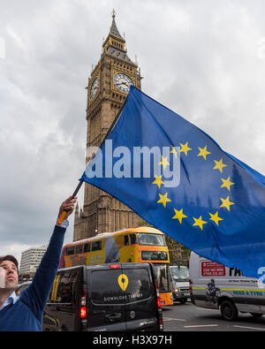 London, UK.  13 October 2016.  Phil Jones, 34, from High Wycombe, waves the European flag outside the Houses of Parliament.  As a member of the People's Challenge grassroots campaign, a member of the European Movement as well as a Conservative party member, Mr Jones is supporting the legal challenge to force the government to seek Parliamentary approval before Brexit negotiations begin. Credit:  Stephen Chung / Alamy Live News Stock Photo