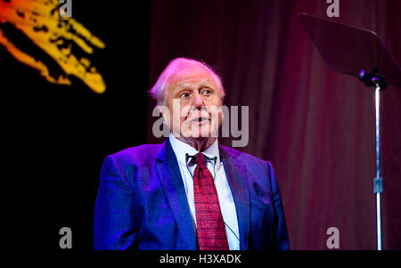 Bristol, UK. October 13th, 2016. Guest speaker Sir David Attenborough addresses nominees and attendees at the Wildscreen Panda Awards 2016 held at Bristol's Colston Hall. The Wildscreen Panda Awards have sat at the heart of the Wildscreen Festival since they were presented at the first Festival in 1982 and remain the highest accolade in the wildlife film and TV industry. Credit:  Chris Cooper/Alamy Live News Stock Photo
