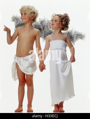 Boy, girl, angel, hand in hand, gesture, point x-mas, Christmas, children, two, curls, lining, wing, angel's wing, indicate, view, side view, look, curiosity, heaven messenger, studio, cut out, X MAS folder, Stock Photo