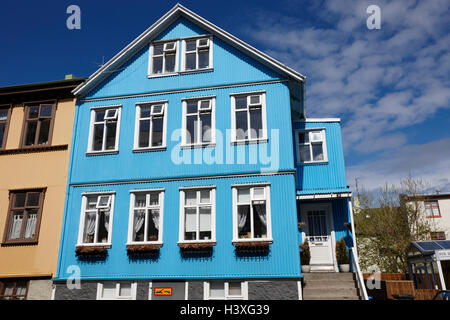 blue painted corrugated iron tin clad house reykjavik Iceland Stock Photo