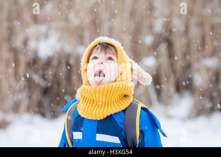 Cute little boy, catching snowflakes in the park on a winter day, heavy snow Stock Photo