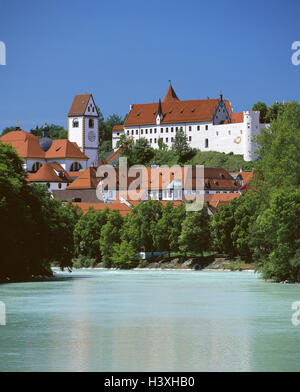 Germany, Bavaria, Allgäu, to feet, town view, river Lech, Europe, South Germany, east Allgäu, town, townscape, high castle, builds in 1486-1505, cloister piece Mang, Benedictine's cloister, baroque church, minster, place of interest, landmark, summer Stock Photo