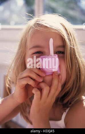 Girls, gesture, yoghurt mug, portrait, outside, summer, child, plastic mug, plastic mug, waste, garbage, envelope, 'snout', fun, funny, funnily, mask, mask, leisure time, childhood, happily Stock Photo