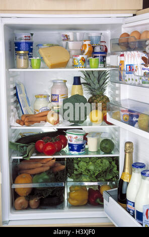Fridge, openly, completely, food, household appliance, electrically, storage, foods, food, food, retention, stock, stocks, keeps, milk, milk products, vegetables, tropical fruits, material recording, Still life Stock Photo