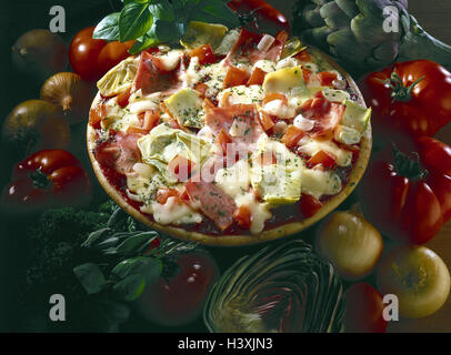 Pizza, vegetable sorts, differently, Still life, food, dish, food, in Italian, food, eat, nutrition, unhealthily, fast food, ham, artichokes, tomatoes, vegetables, bulbs, spices, herbs Stock Photo