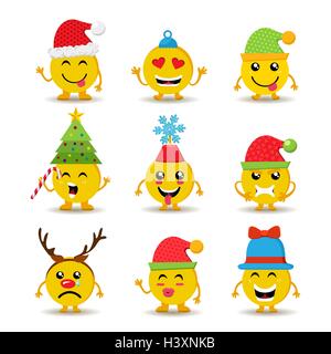 Set of holiday smiley faces, christmas emoji icons with cute seasonal decoration and different reactions. EPS10 vector. Stock Vector