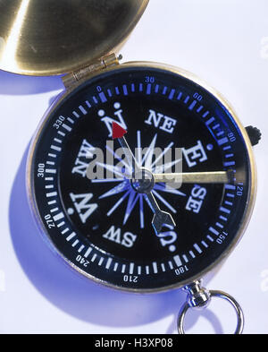 Compass, detail, navigation, orientation, guidance, signpost, heaven directions, measuring instrument, location regulation, magnetic needle, attraction, geomagnetism, magnetism, product photography, Still life Stock Photo