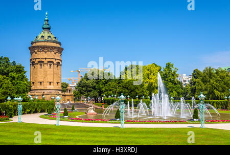 Fountain and Water Tower on Friedrichsplatz square in Mannheim - Germany Stock Photo