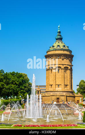 Fountain and Water Tower on Friedrichsplatz square in Mannheim - Germany Stock Photo