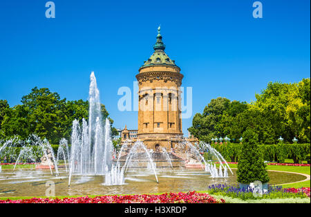 Fountain and Water Tower on Friedrichsplatz square in Mannheim - Germany Stock Photo