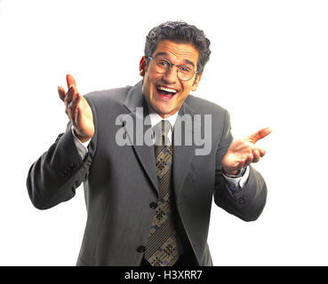 Man, glasses, suit, laugh, pull up gesture, lighthearted, half portrait, Men, studio, cut out, enthusiasm, joy, body language, innocence, innocent, innocently, unsuspectingly, calmly, businessman, manager, shrug, shoulders, Stock Photo