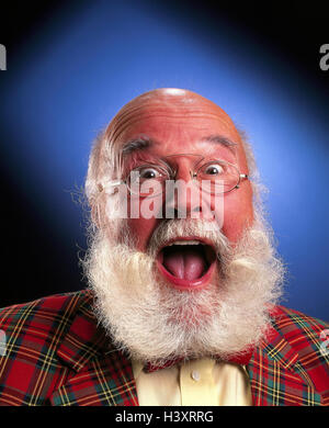 Senior, laugh, bald head, jacket, checked, glasses, beard, portrait, Senior, inside, man, old, full beard, white, bulkheads, jacket, sports jacket, Scot's samples, square, red, joy, glad, happy, cheerfully, fun, in a good mood, mouth, openly, near, Stock Photo