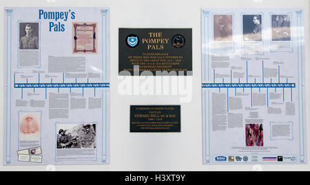 Plaque in remembrance of the Pompey's Pals on display at Fratton Park, Portsmouth Football Club, Portsmouth, Hampshire, UK. Stock Photo