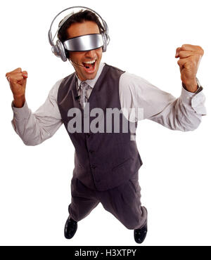 Man, data glasses, virtual reality, gesture, joy, success, makes unfamiliar Future, cyberspace, cut out, studio, virtual reality, data glasses, eyephone, monitor glasses, Head set, businessman, man, business, future, vision, view, impression, virtually, nicely, pleasantly, successfully, prospects success, technology, computer science, Stock Photo
