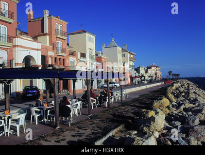Spain, Andalusia, province Cadiz, Puerto sherry, bank promenade, street cafe, evening light region Andalucia, Costa de la Luz, yacht harbour, sports harbour, promenade, street restaurant, house front, houses, residential houses, sea, shore, breakwater, ou Stock Photo