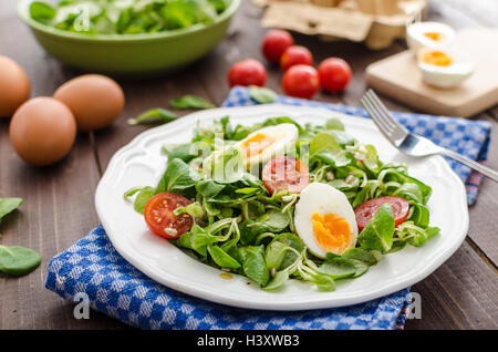 Lambs lettuce salad, hard-boiled eggs, tomatoes and honey mustard dressing Stock Photo