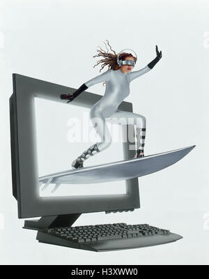 Icon, Internet, Internet surfing, cyberspace navigation, www, world wide weave, Internet, surf the internet, Internet surfing, search, orientation, access, balance, Future, virtual reality woman, surfboard, computer, cut out, Composing, silver, head-mount Stock Photo
