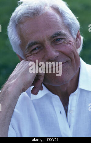 Senior, gesture, head, rest on, smile, contently, portrait, outside, man, old, pensioner, grey-haired, shirt, white, satisfaction, equalised Stock Photo