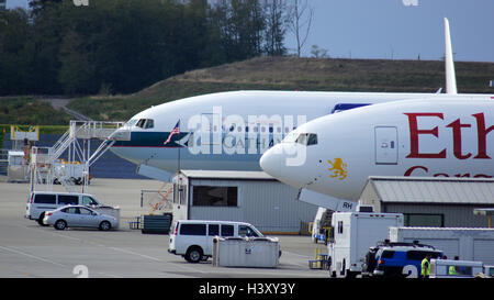 EVERETT, WASHINGTON STATE, USA - OCTOBER 10, 2014: Production of 787 Dreamliners, 777, 747 and other airplanes. Huge factory site. Stock Photo