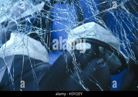 Traffic accident, car, windscreen, shattered, air bag, detail, accident, traffic, ambulance, car accident, car damaged in an accident, ambulance, car, vehicle, passenger car, car window, front protection slice, damage, broken, broken, jumped, shatterproof Stock Photo