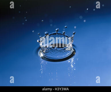 Water surface, drop, dive, water, drops water, waves, liquid, surface tension, circles, zentrisch, raindrops, liquid, starts up, 'crown', colour mood, colour blue Stock Photo