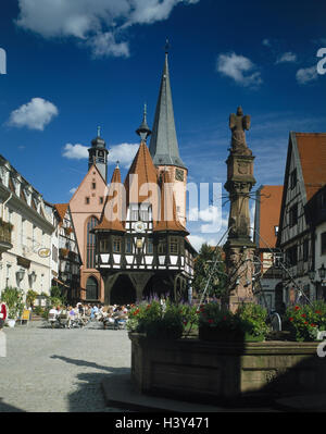 Germany, Hessen, ode wood, Michel's town, market well, city hall, Europe, town, summer, ode wood circle, aerial health resort, structure, architecture, church, steeple, town church, 14611-1537, half-timbered, pedestrian area, historical city hall, histori Stock Photo