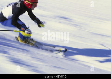 Ski racer, helped to pull, blur skiing, downhill race, giant slalom, gigantic goal foliage, downhill skiing, ski race, race, event, racing driver, skier, skiing, alpine sport, sport, leisure time, hobby, activity, speed, dynamics, motion, tempo, ski equip Stock Photo