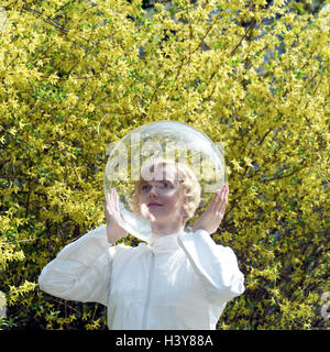 Garden, blossoms, woman, head, glass ball, allergy, protection, isolation, defence, icon, conception, garden, shrubs, blossom, protect disease, allergically, reaction, measure, counterweir, security, avoidance, allergens, pollings, flower pollings, polling allergy, hay fever, hypersensibility, sensibility, resistant, insensitively, covers, finished, refuse, isolate, immune, immunity, sensitively, insensitively, sensibility, insensitiveness, self protection, prevention, transparency, outside Stock Photo